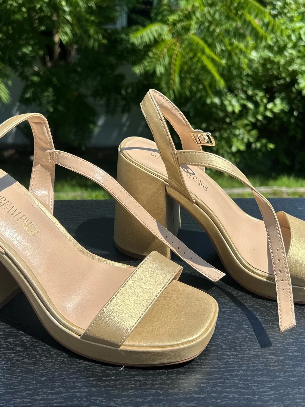 Gold Block Heel Slingback Sandals